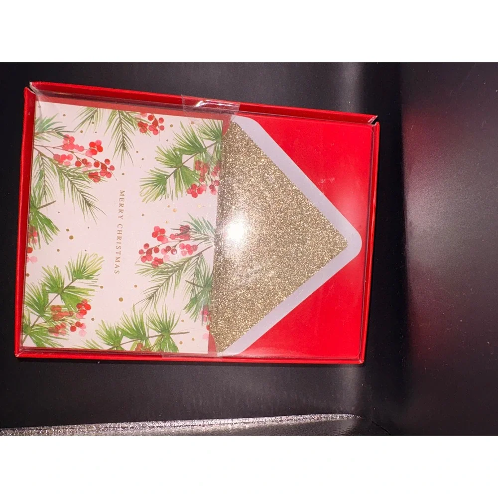 Lady‎ Jayne Christmas Cards Boxed Set 12 Count Pine Berry Gold Glitter Envelopes